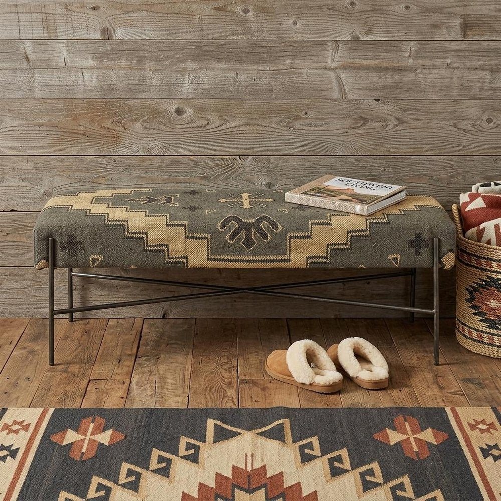 55" Green Brown and Black Upholstered Abstract Cotton Blend Bench — view 7