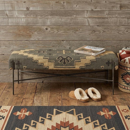 55" Green Brown and Black Upholstered Abstract Cotton Blend Bench HomeRoots
