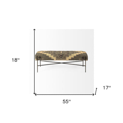 55" Green Brown and Black Upholstered Abstract Cotton Blend Bench HomeRoots
