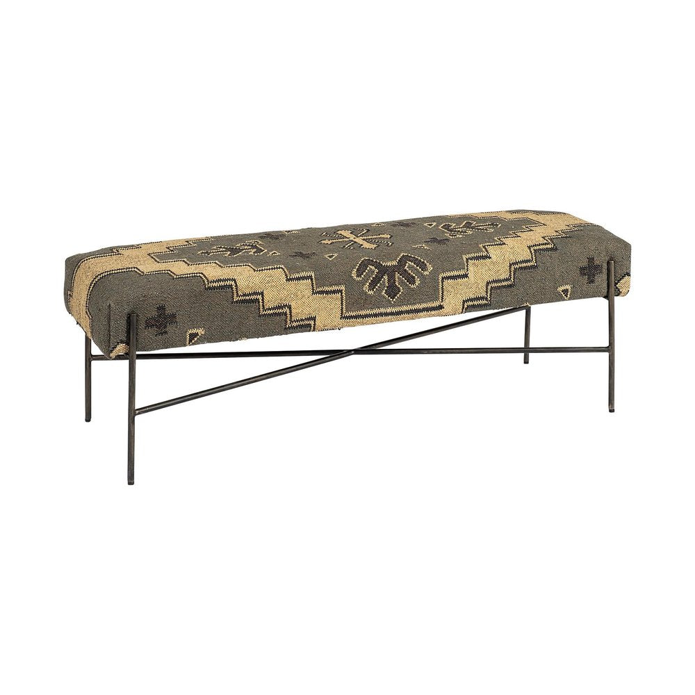 55" Green Brown and Black Upholstered Abstract Cotton Blend Bench HomeRoots