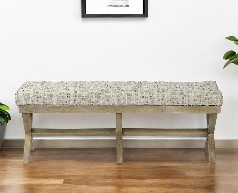16" Beige and Brown Upholstered Faux Leather Bench HomeRoots