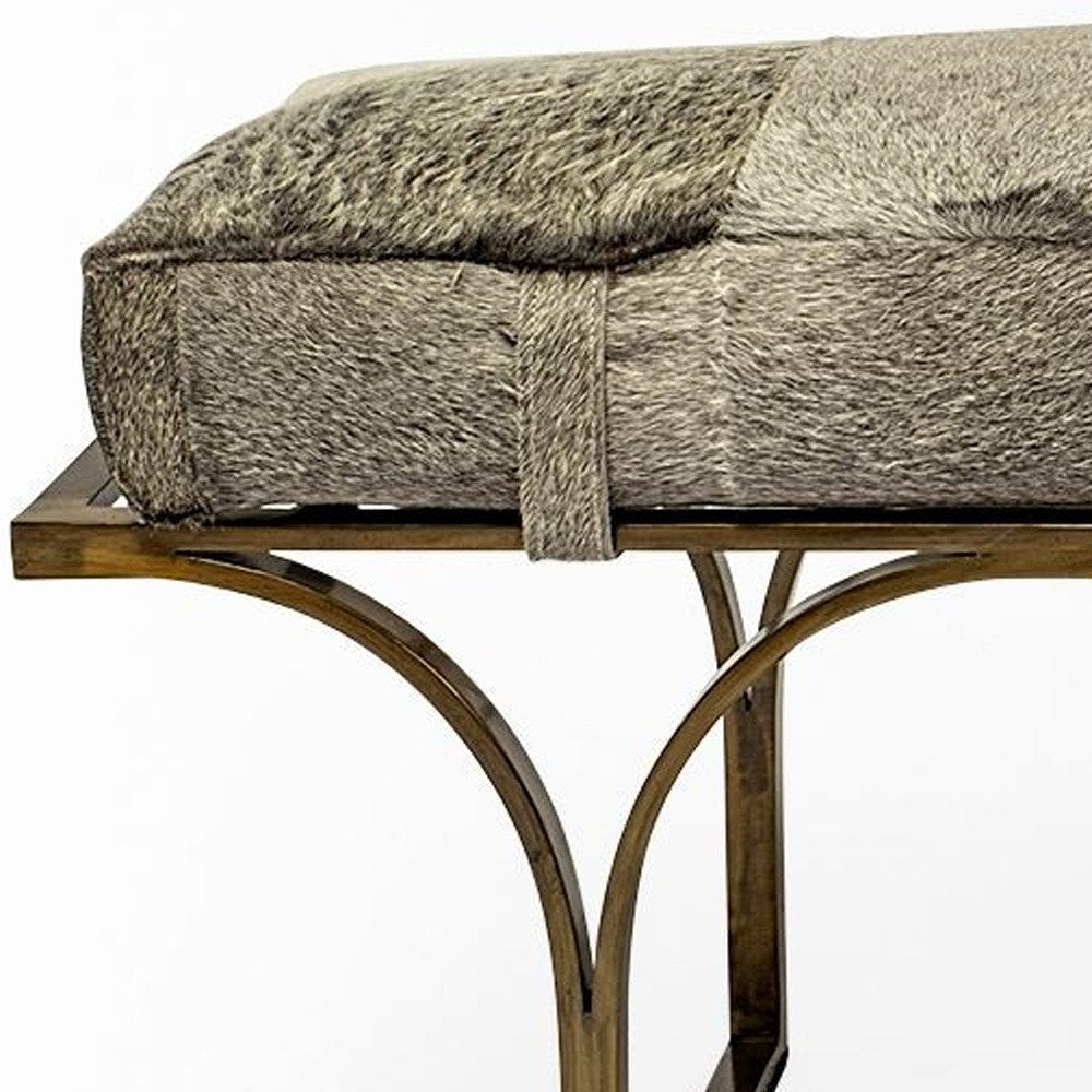 55" Gray and Antiqued Brass Faux Fur Upholstery Bench — view 3