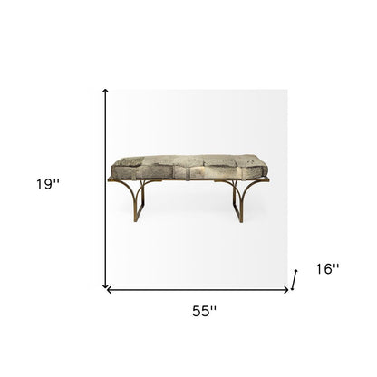 55" Gray and Antiqued Brass Faux Fur Upholstery Bench HomeRoots
