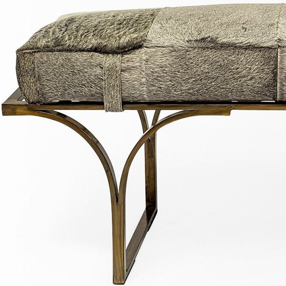 55" Gray and Antiqued Brass Faux Fur Upholstery Bench HomeRoots
