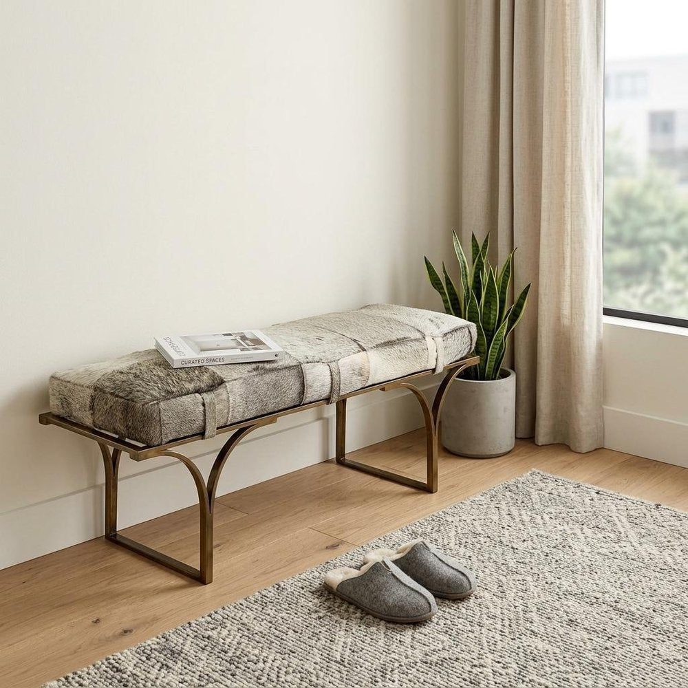 55" Gray and Antiqued Brass Faux Fur Upholstery Bench HomeRoots
