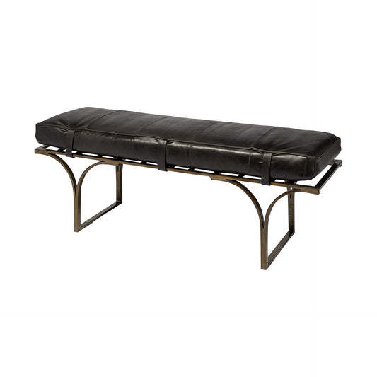 16" Black And Antiqued Brass Upholstered Genuine Leather Bench - FurniFindUSA