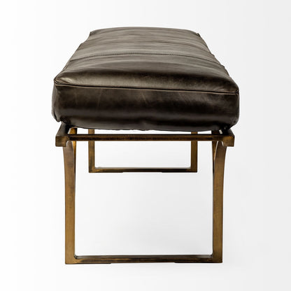 16" Black And Antiqued Brass Upholstered Genuine Leather Bench HomeRoots