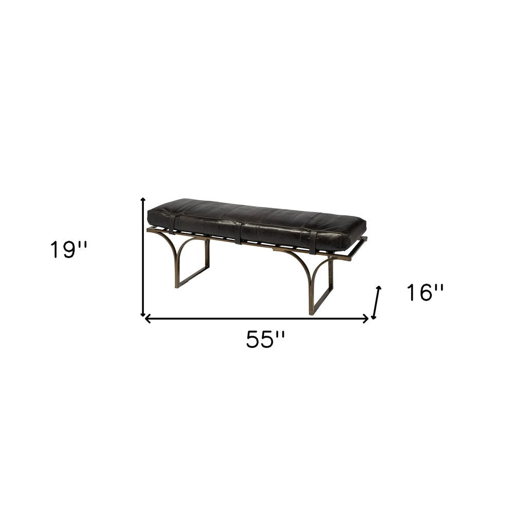 16" Black And Antiqued Brass Upholstered Genuine Leather Bench — view 6