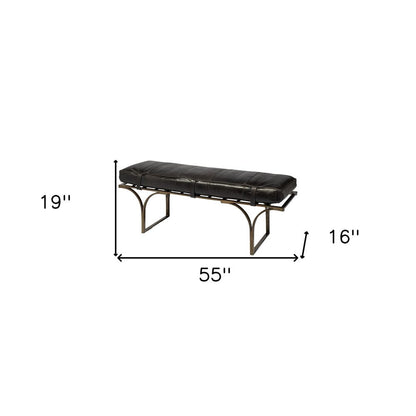 16" Black And Antiqued Brass Upholstered Genuine Leather Bench HomeRoots