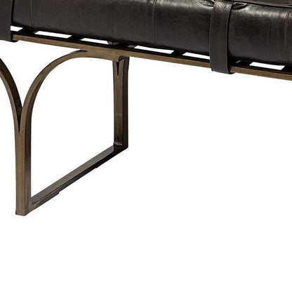 16" Black And Antiqued Brass Upholstered Genuine Leather Bench HomeRoots