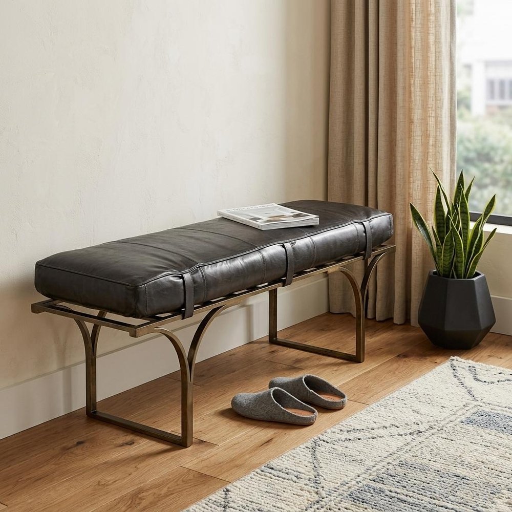 16" Black And Antiqued Brass Upholstered Genuine Leather Bench HomeRoots
