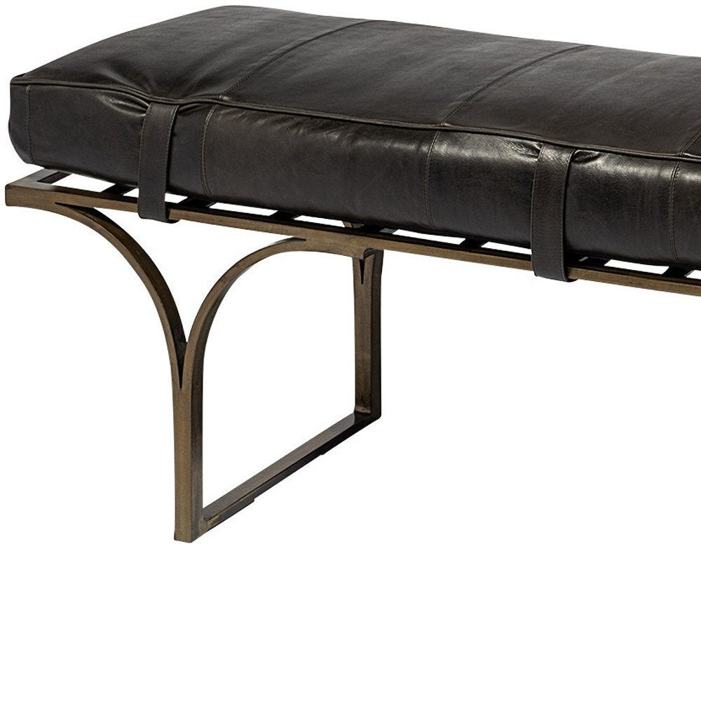 16" Black And Antiqued Brass Upholstered Genuine Leather Bench HomeRoots