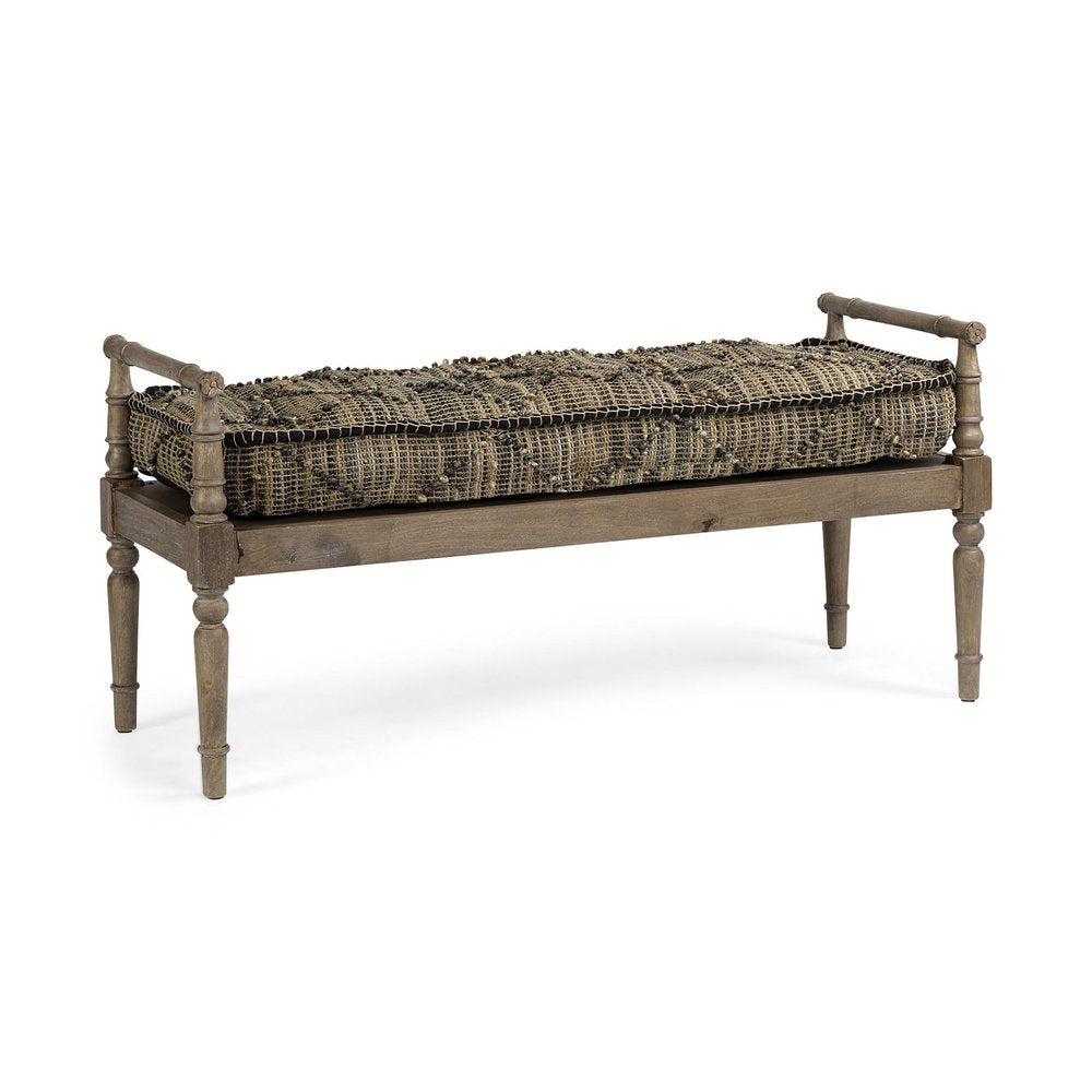 57" Beige And Brown Upholstered Cotton Blend Bench HomeRoots