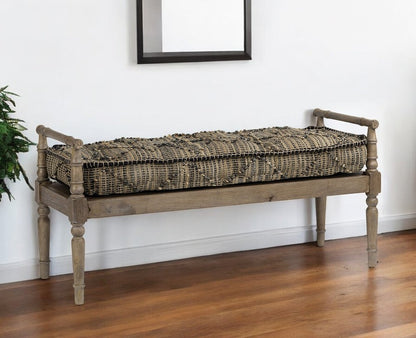 57" Beige And Brown Upholstered Cotton Blend Bench HomeRoots