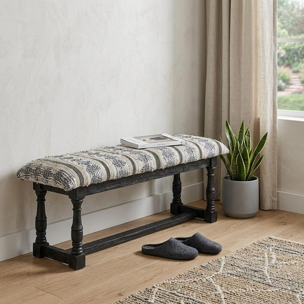 15" Off White and Black Upholstered Faux Leather Bench HomeRoots