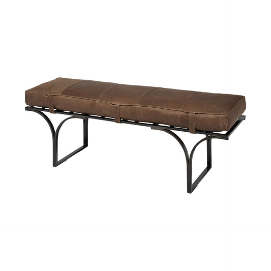 55" Brown and Black Genuine Leather Upholstery Bench HomeRoots