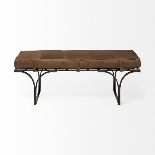 55" Brown and Black Genuine Leather Upholstery Bench HomeRoots