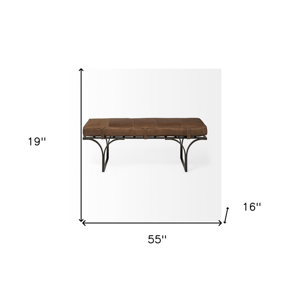 55" Brown and Black Genuine Leather Upholstery Bench HomeRoots