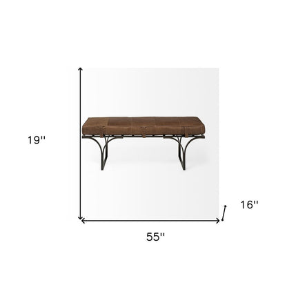 55" Brown and Black Genuine Leather Upholstery Bench HomeRoots