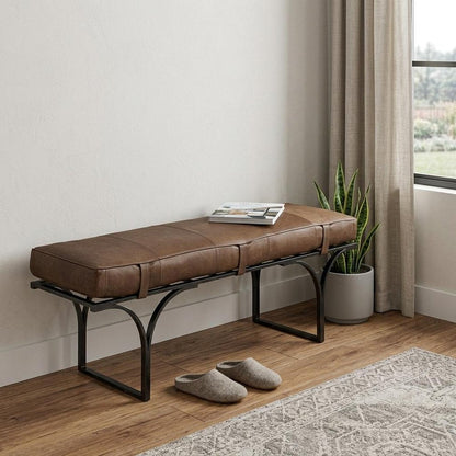 55" Brown and Black Genuine Leather Upholstery Bench HomeRoots