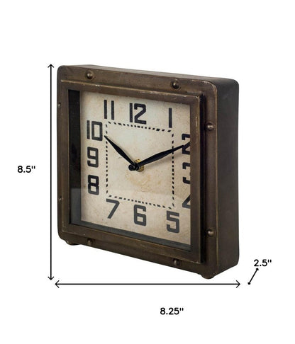 Square  Bronze Toned Metal Desk Table Clock With Traditional Black Numbers And Hands HomeRoots