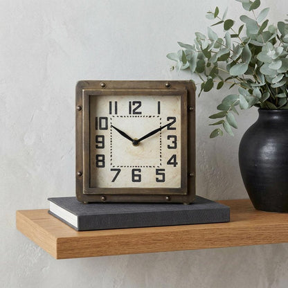 Square  Bronze Toned Metal Desk Table Clock With Traditional Black Numbers And Hands HomeRoots