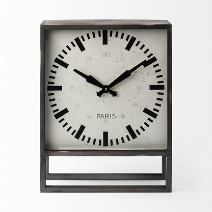 Square Gray Metal Desk  Table Clock With Simple White And Black Face