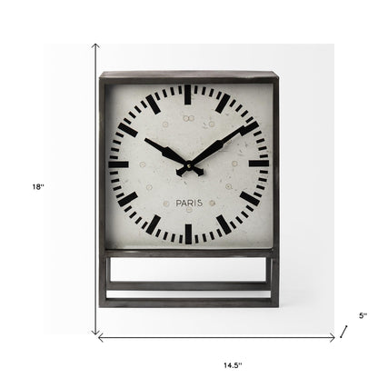 Square Gray Metal Desk  Table Clock With Simple White And Black Face