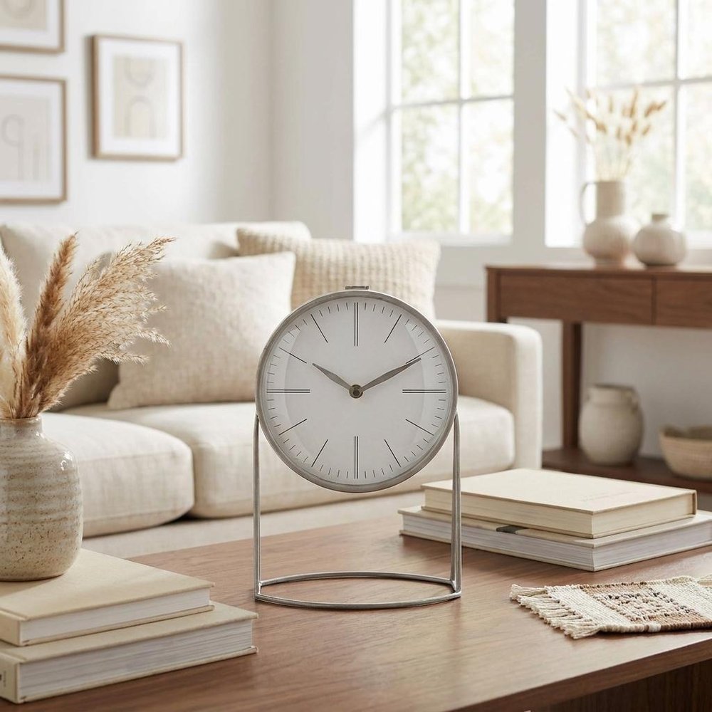12" Gray Metal Table Clock HomeRoots