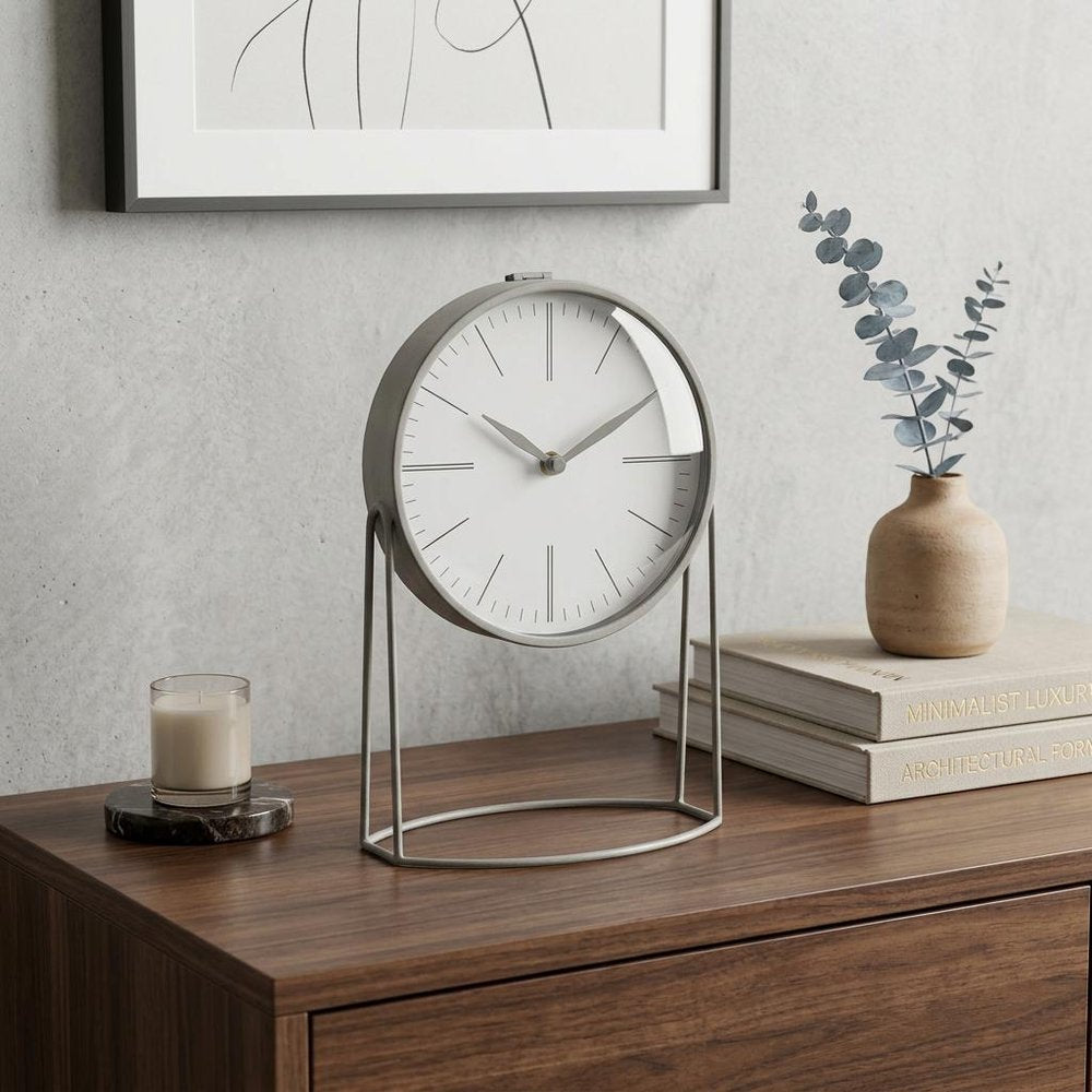 12" Gray Metal Table Clock HomeRoots