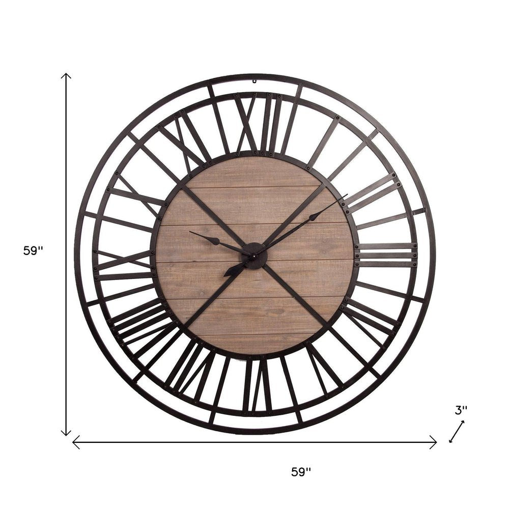 59" Black And Brown Metal and Solid Wood Skeleton Circle Wall Clock HomeRoots