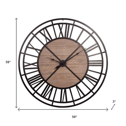 59" Black And Brown Metal and Solid Wood Skeleton Circle Wall Clock HomeRoots