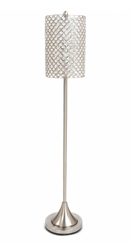 62" Silver Chrome Floor Lamp With Clear Faux Crystal Drum Shade