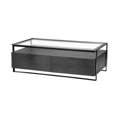 30" Clear And Black Glass Rectangular Coffee Table With Four Drawers And Shelf