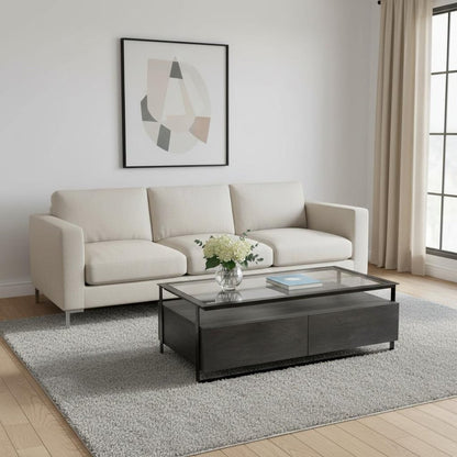 30" Clear And Black Glass Rectangular Coffee Table With Four Drawers And Shelf