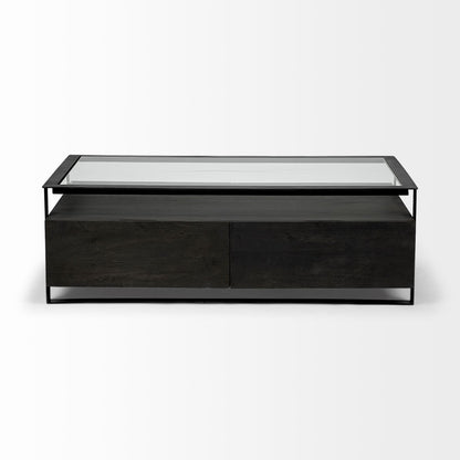 30" Clear And Black Glass Rectangular Coffee Table With Four Drawers And Shelf