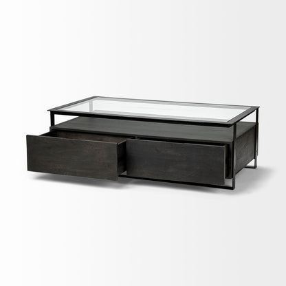 30" Clear And Black Glass Rectangular Coffee Table With Four Drawers And Shelf