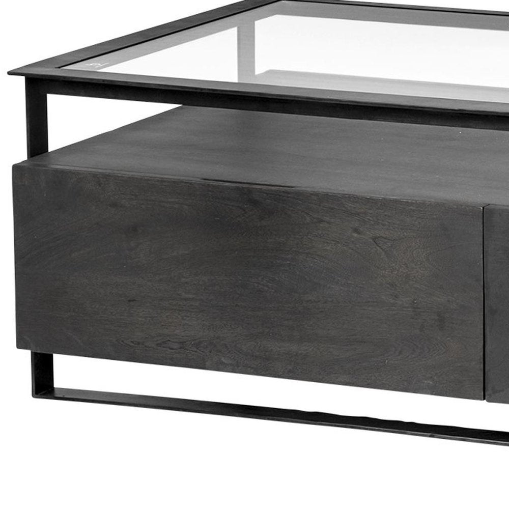 30" Clear And Black Glass Rectangular Coffee Table With Four Drawers And Shelf