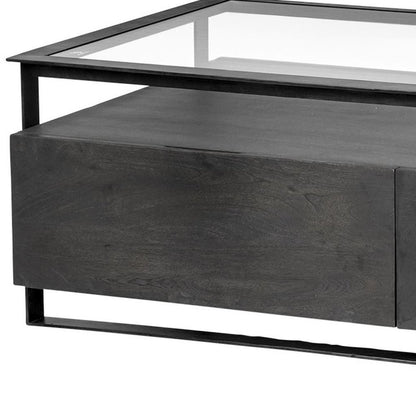30" Clear And Black Glass Rectangular Coffee Table With Four Drawers And Shelf