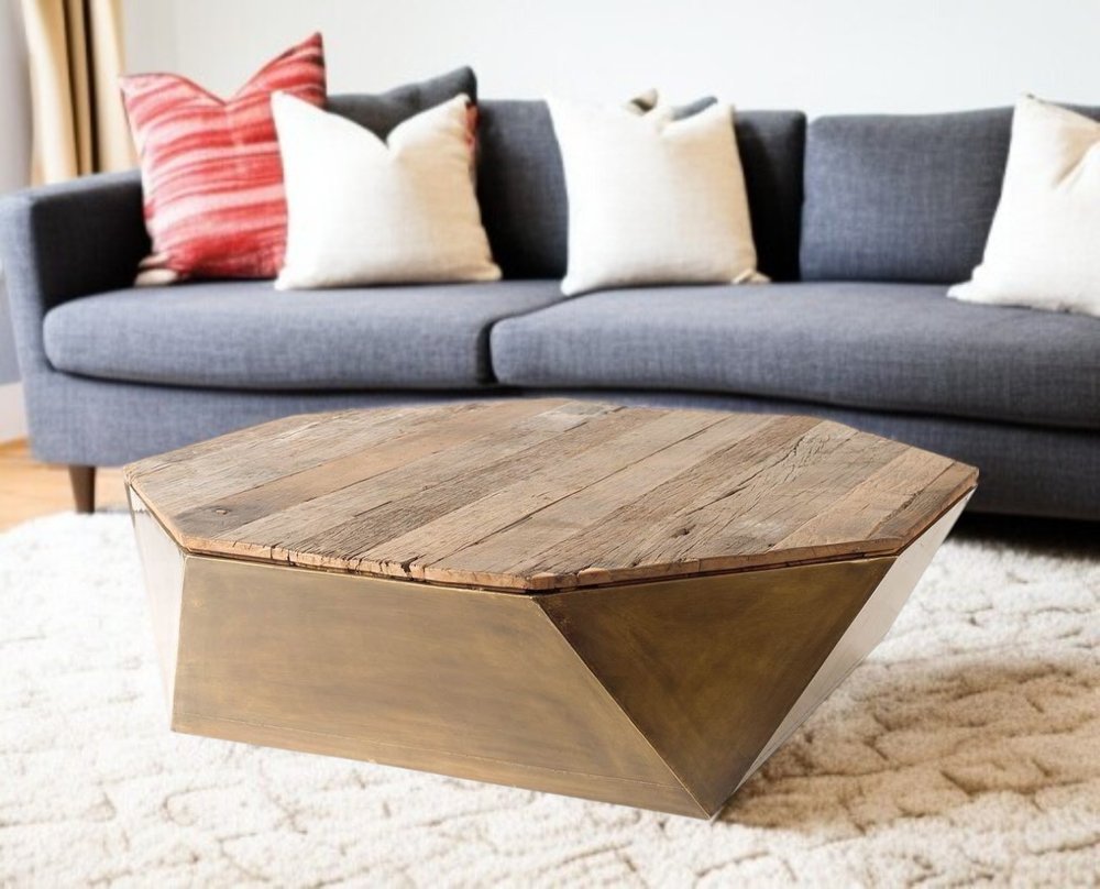 48" Natural Solid Wood Octagon Distressed Lift Top Abstract Coffee Table HomeRoots