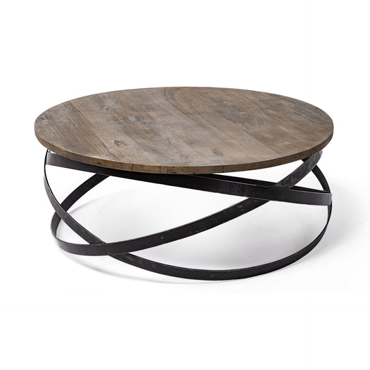 41" Brown and Black Solid Wood and Metal Round Coffee Table HomeRoots