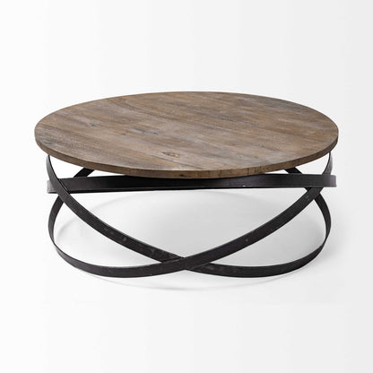 41" Brown and Black Solid Wood and Metal Round Coffee Table