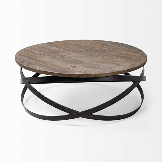 41" Brown and Black Solid Wood and Metal Round Coffee Table HomeRoots