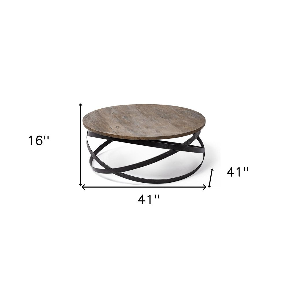 41" Brown and Black Solid Wood and Metal Round Coffee Table HomeRoots