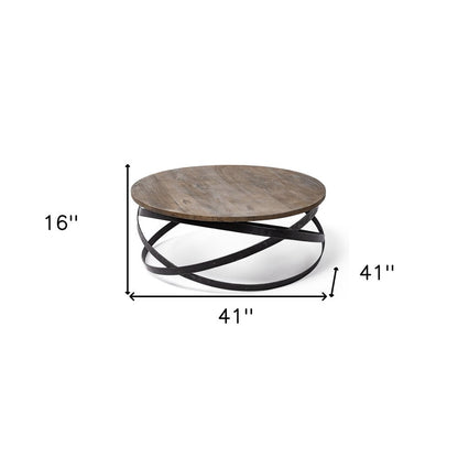 41" Brown and Black Solid Wood and Metal Round Coffee Table HomeRoots
