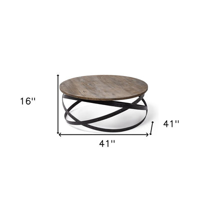 41" Brown and Black Solid Wood and Metal Round Coffee Table