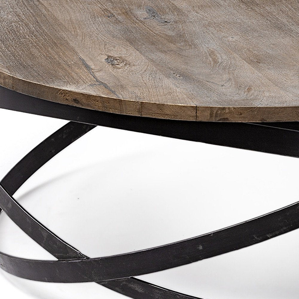 41" Brown and Black Solid Wood and Metal Round Coffee Table HomeRoots
