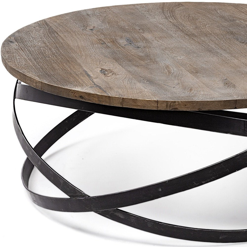 41" Brown and Black Solid Wood and Metal Round Coffee Table HomeRoots