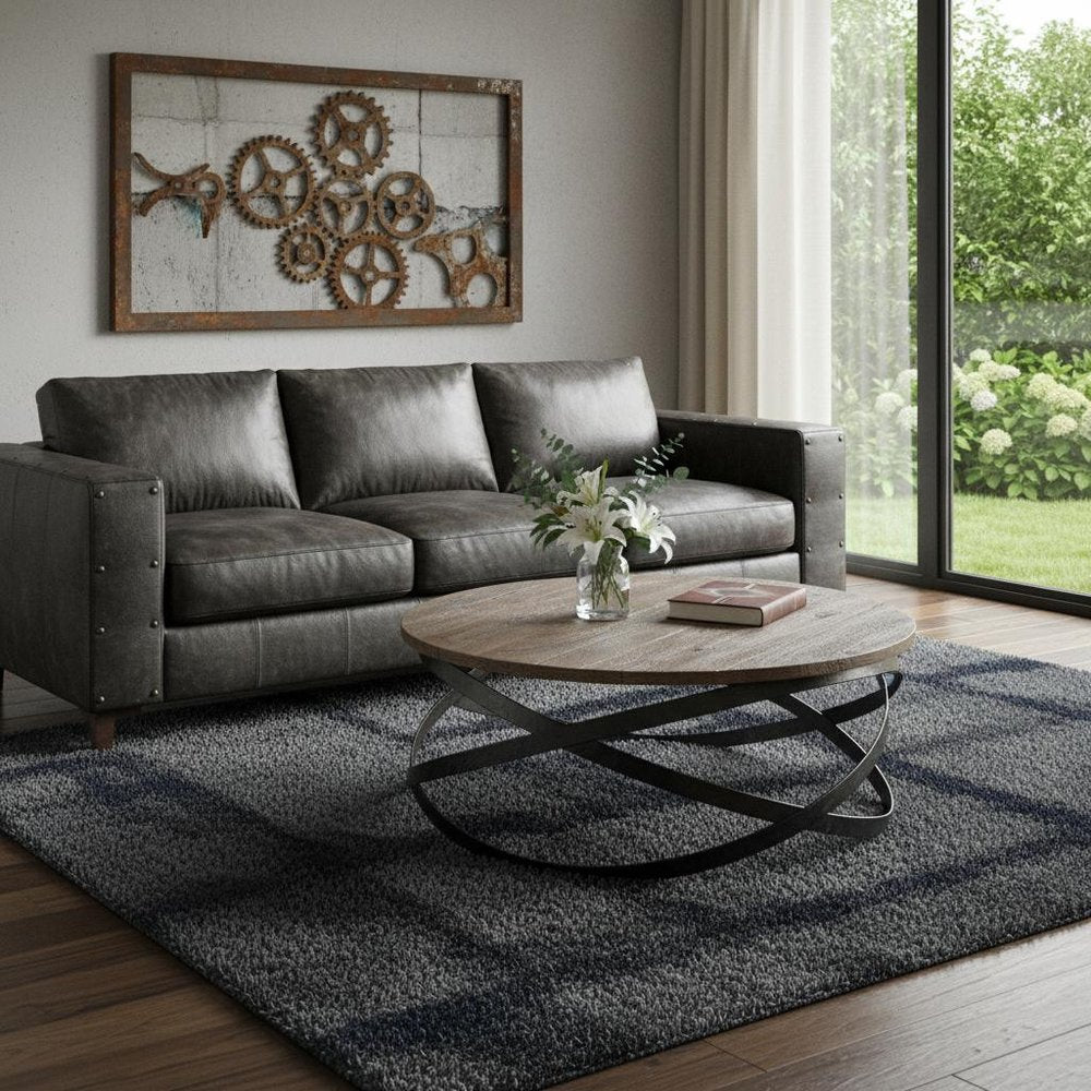41" Brown and Black Solid Wood and Metal Round Coffee Table HomeRoots