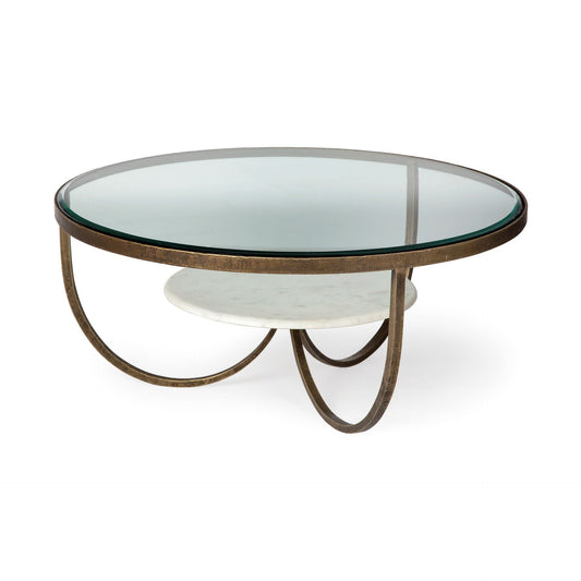 36" Brown and Gold Wood and Metal Round Coffee Table With Shelf HomeRoots
